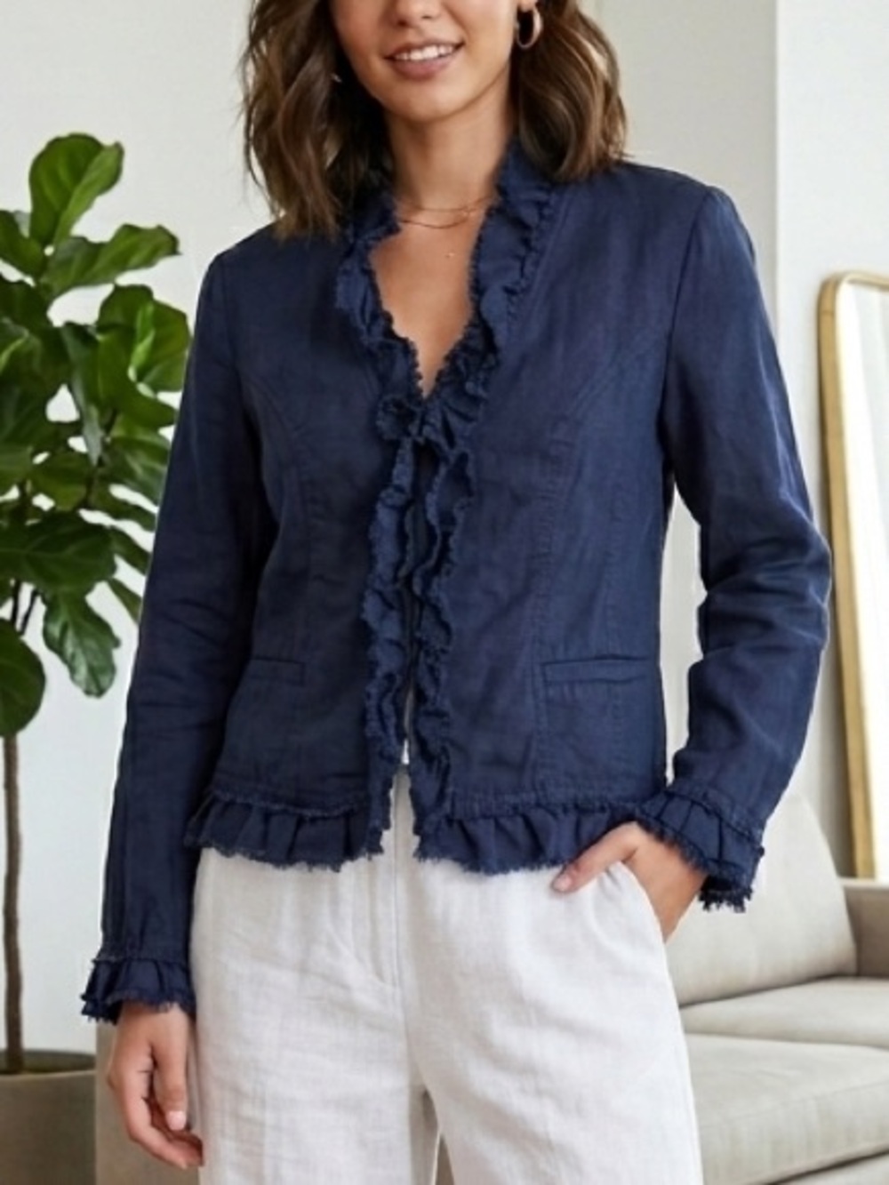 INC Linen Ruffle Trim Raw Edges Zipper Closure Navy Blue Jacket M